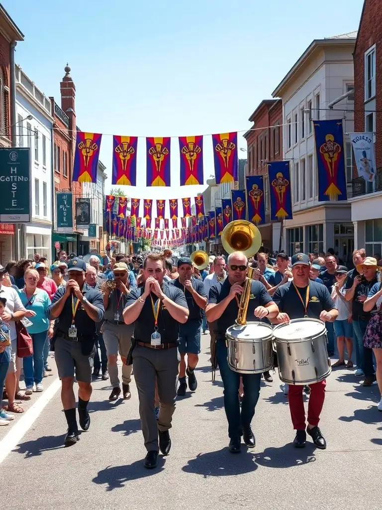 A brass band marching in a local parade, showcasing the organization's active participation in community events and celebrations.