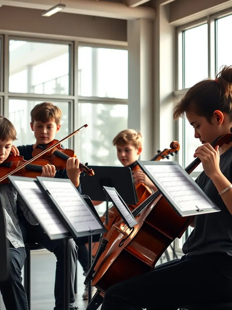 A group of young musicians practicing string instruments in a bright, modern rehearsal room, focused on their sheet music, representing the youth orchestra program at Union Musicale de Sancoins.