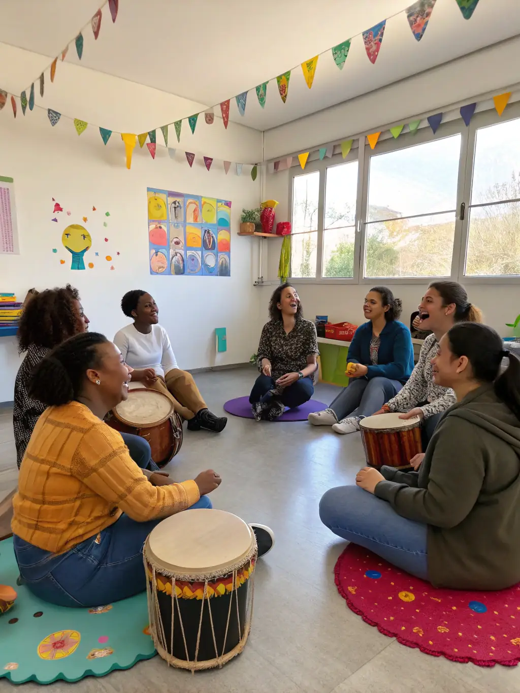 A diverse group of children and adults participating in a music workshop, playing various instruments and singing together, showcasing the inclusive nature of the community music education program.