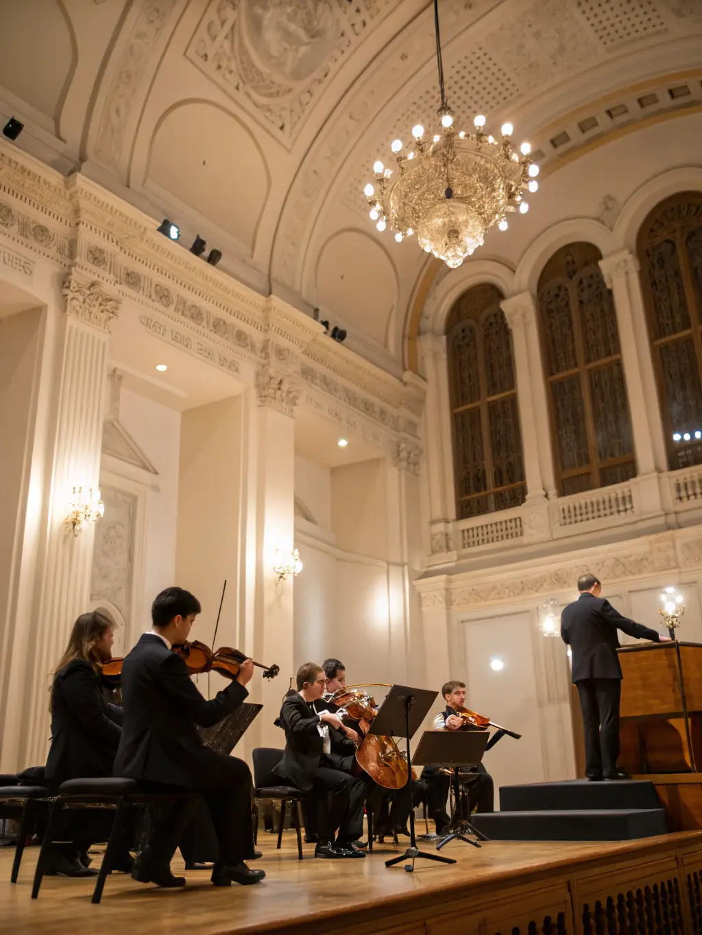 A string quartet performing classical music in a local community center, emphasizing the organization's commitment to bringing high-quality music to the community.
