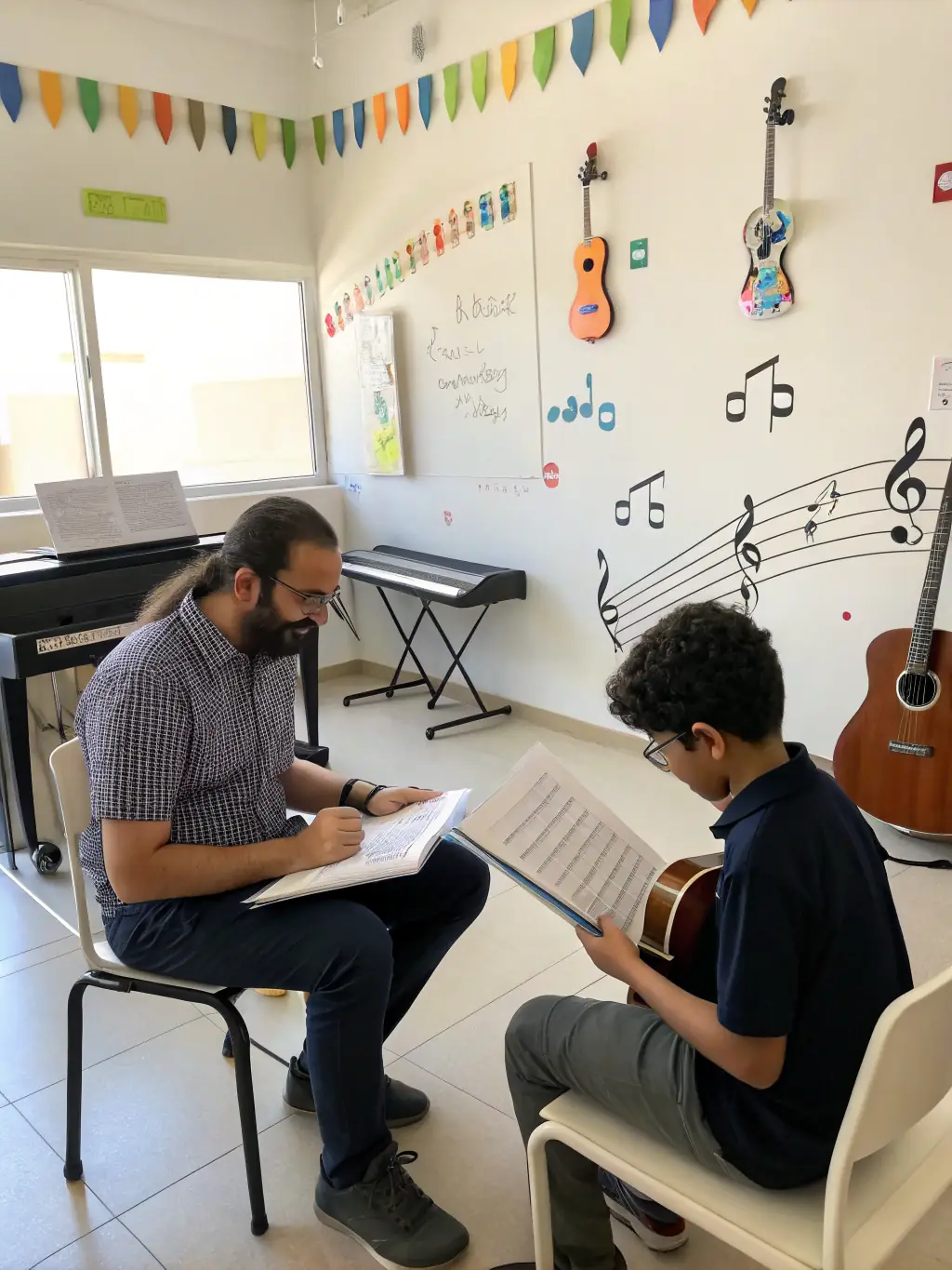 A skilled instructor teaching a beginner clarinet student, demonstrating proper technique and offering encouragement, highlighting the personalized instruction available at Union Musicale de Sancoins.