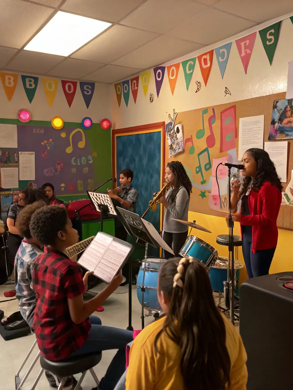 A group of young musicians from the Union Musicale de Sancoins participating in a music workshop, learning new techniques and collaborating on a musical piece.