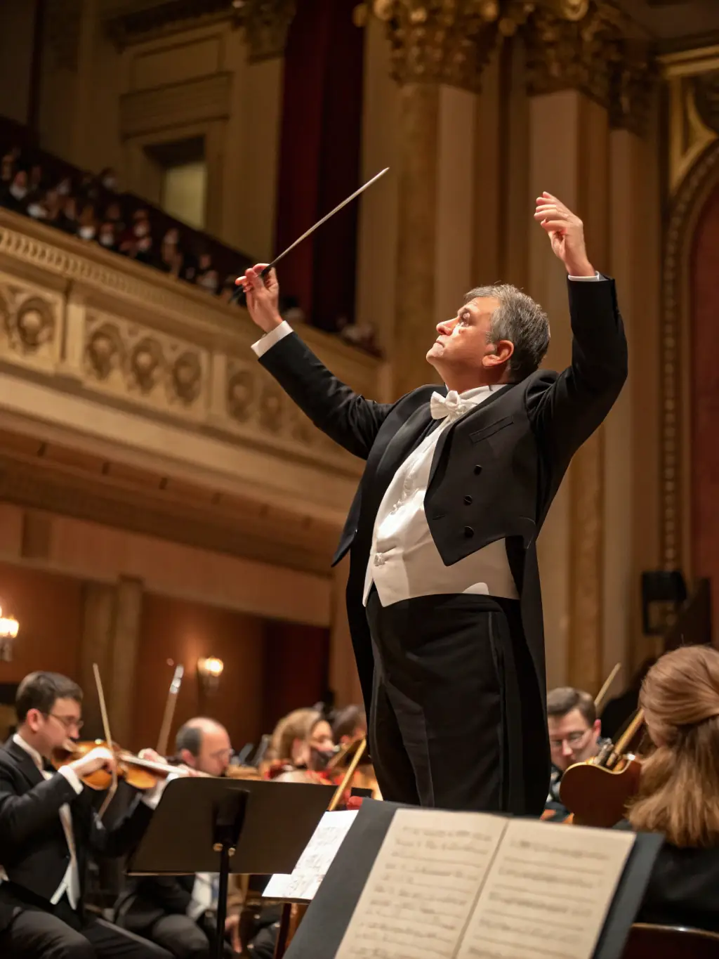 A conductor leading an orchestra during a rehearsal, highlighting the dedication and expertise involved in the organization's musical programs.