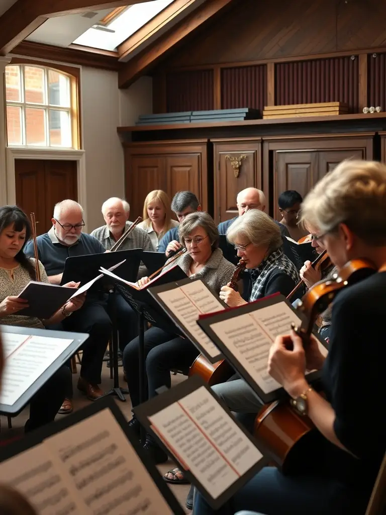 A photo of the Union Musicale de Sancoins orchestra rehearsing in their dedicated rehearsal space, focusing on precision and teamwork to perfect their performance.