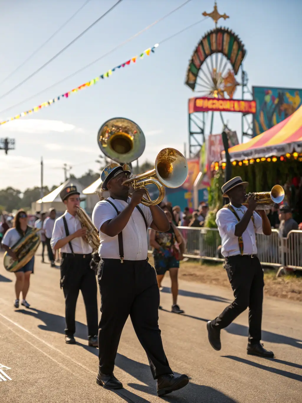 A vibrant photo of the Union Musicale de Sancoins brass band performing outdoors during a community festival in Sancoins, France, showcasing their musical talent and community engagement.