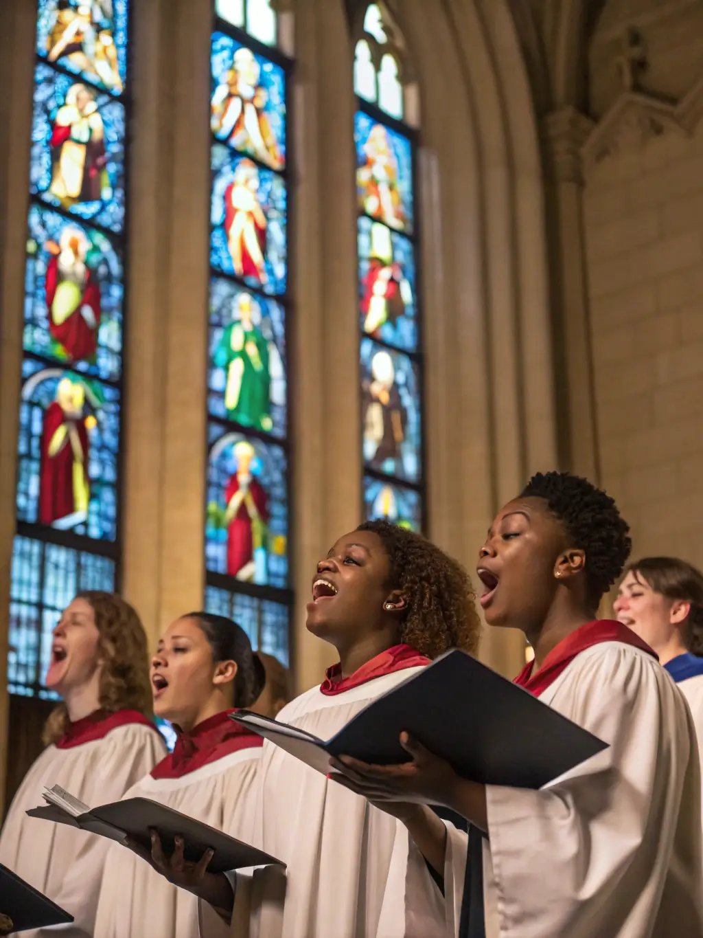 An image of the Union Musicale de Sancoins choir performing a classical piece in a historic church in Sancoins, showcasing their vocal harmony and artistic skill.